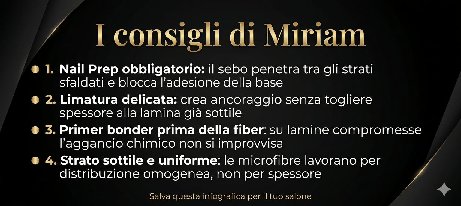 Infografica "I consigli di Miriam" sulla preparazione e applicazione della base fiber su unghie fragili — Hony Nails